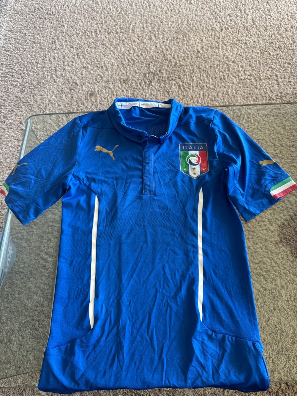 Puma mens Blue Italy National Team Soccer Jersey with Gold Logos FIGC, excellent
